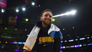 LOS ANGELES, CA - OCTOBER 16: Stephen Curry #30 of the Golden State Warriors smiles during a pre-season game against the Los Angeles Lakers on October 16, 2019 at STAPLES Center in Los Angeles, California. NOTE TO USER: User expressly acknowledges and agrees that, by downloading and/or using this Photograph, user is consenting to the terms and conditions of the Getty Images License Agreement. Mandatory Copyright Notice: Copyright 2019 NBAE (Photo by Adam Pantozzi/NBAE via Getty Images)