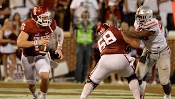 Sep 17, 2016; Norman, OK, USA; Oklahoma Sooners quarterback Baker Mayfield (6) scrambles in the pocket against the Ohio State Buckeyes in the fourth quarter at Gaylord Family - Oklahoma Memorial Stadium. Mandatory Credit: Mark D. Smith-USA TODAY Sports