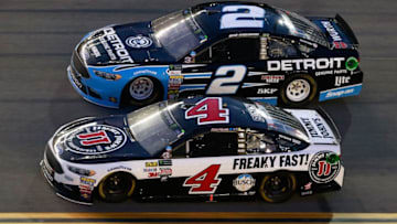 DAYTONA BEACH, FL - JULY 01: Brad Keselowski, driver of the #2 Detroit Genuine Parts Ford, races Kevin Harvick, driver of the #4 Jimmy John's Ford, during the Monster Energy NASCAR Cup Series 59th Annual Coke Zero 400 Powered By Coca-Cola at Daytona International Speedway on July 1, 2017 in Daytona Beach, Florida. (Photo by Matt Sullivan/Getty Images)