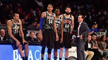 Feb 13, 2015; New York, NY, USA; World Team head coach Kenny Atkinson of the Atlanta Hawks (far right) instructs center Rudy Gobert of the Utah Jazz (27), guard Giannis Antetokounmpo of the Milwaukee Bucks (34), guard Andrew Wiggins of the Minnesota Timberwolves (22), and forward Nikola Mirotic of the Chicago Bulls (44) during the second half against the U.S. Team at Barclays Center. Mandatory Credit: Bob Donnan-USA TODAY Sports