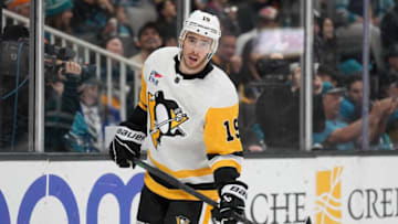 Nov 4, 2023; San Jose, California, USA; Pittsburgh Penguins right wing Reilly Smith (19) skates during a break in the first period against the San Jose Sharks at SAP Center at San Jose. Mandatory Credit: Darren Yamashita-USA TODAY Sports