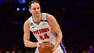 Nov 18, 2022; Los Angeles, California, USA; Detroit Pistons forward Bojan Bogdanovic (44) controls the ball against the Los Angeles Lakers during the first half at Crypto.com Arena. Mandatory Credit: Gary A. Vasquez-USA TODAY Sports