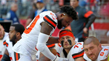 GLENDALE, ARIZONA - DECEMBER 15: Wide receiver Jarvis Landry #80 of the Cleveland Browns with teammate Wyatt Teller #77 prior to the NFL football game against the Arizona Cardinals at State Farm Stadium on December 15, 2019 in Glendale, Arizona. (Photo by Ralph Freso/Getty Images)