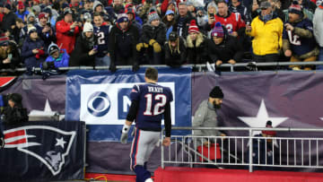 FOXBOROUGH, MASSACHUSETTS - JANUARY 04: Tom Brady #12 of the New England Patriots walks to the locker room during half time of the AFC Wild Card Playoff game at Gillette Stadium on January 04, 2020 in Foxborough, Massachusetts. (Photo by Maddie Meyer/Getty Images)