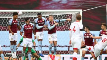Southampton's English midfielder James Ward-Prowse (R) scores their third goal directly from a free kick during the English Premier League football match between Aston Villa and Southampton at Villa Park in Birmingham, central England on November 1, 2020. (Photo by Michael Steele / POOL / AFP) / RESTRICTED TO EDITORIAL USE. No use with unauthorized audio, video, data, fixture lists, club/league logos or 'live' services. Online in-match use limited to 120 images. An additional 40 images may be used in extra time. No video emulation. Social media in-match use limited to 120 images. An additional 40 images may be used in extra time. No use in betting publications, games or single club/league/player publications. / (Photo by MICHAEL STEELE/POOL/AFP via Getty Images)