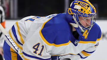 LAS VEGAS, NEVADA - FEBRUARY 01: Craig Anderson #41 of the Buffalo Sabres waits for a faceoff in the second period of a game against the Vegas Golden Knights at T-Mobile Arena on February 1, 2022 in Las Vegas, Nevada. The Golden Knights defeated the Sabres 5-2. (Photo by Ethan Miller/Getty Images)