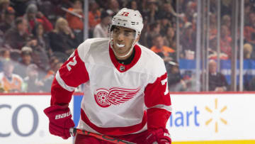 PHILADELPHIA, PA - NOVEMBER 29: Andreas Athanasiou #72 of the Detroit Red Wings looks on against the Philadelphia Flyers at the Wells Fargo Center on November 29, 2019 in Philadelphia, Pennsylvania. (Photo by Mitchell Leff/Getty Images)