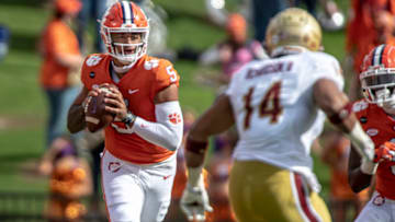 Oct 31, 2020; Clemson, SC, USA; Clemson quarterback D.J. Uiagalelei (5) passes the ball during the first quarter of the game against Boston College at Memorial Stadium. Mandatory Credit: Josh Morgan-USA TODAY Sports