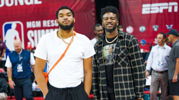 LAS VEGAS, NEVADA - JULY 07: This is not Karl-Anthony Towns and Jordan Bell in Las Vegas, but it is them at at NBA Summer League. (Photo by Cassy Athena/Getty Images)