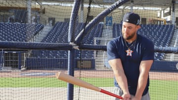 WEST PALM BEACH, FL - MARCH 21: In time for Opening Day, Houston Astros outfielder, George Springer, joins Budweiser at Spring Training with a limited-edition Axe Budweiser beechwood bat at The Ballpark of the Palm Beaches on March 21, 2018 in West Palm Beach, Florida. (Photo by John Parra/Getty Images for Budweiser)