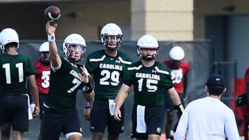 The USC football team held their first preseason football practice at the USC practice fields on Aug. 5, 2022. The team's head coach is Shane Beamer. Spencer Rattler (7) on the field goes through passing drills.Spa Usc First 2022 Football Practice33