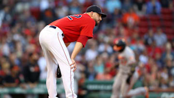BOSTON, MASSACHUSETTS - SEPTEMBER 29: Matt Barnes #32 of the Boston Red Sox reacts as Hanser Alberto #57 of the Baltimore Orioles scores a run during the eighth inning at Fenway Park on September 29, 2019 in Boston, Massachusetts. (Photo by Maddie Meyer/Getty Images)