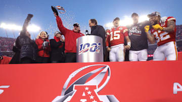 KANSAS CITY, MISSOURI - JANUARY 19: Head coach Andy Reid of the Kansas City Chiefs holds up the Lamar Hunt trophy after defeating the Tennessee Titans in the AFC Championship Game at Arrowhead Stadium on January 19, 2020 in Kansas City, Missouri. The Chiefs defeated the Titans 35-24. (Photo by Jamie Squire/Getty Images)