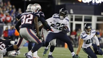 Nov 13, 2016; Foxborough, MA, USA; Seattle Seahawks running back C.J. Prosise (22) runs the ball against the New England Patriots in the second half at Gillette Stadium. Seattle Seahawks defeated the Patriots 31-24. Mandatory Credit: David Butler II-USA TODAY Sports