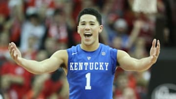 LOUISVILLE, KY - DECEMBER 27: Devin Booker #1 of the Kentucky Wilcats celebrates during the game against the Louisville Cardinals at KFC YUM! Center on December 27, 2014 in Louisville, Kentucky. (Photo by Andy Lyons/Getty Images)