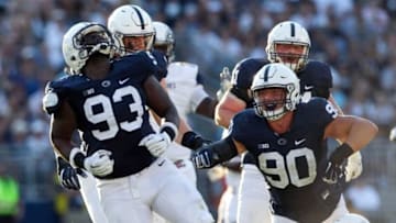 Sep 3, 2016; University Park, PA, USA; Penn State Nittany Lions defensive tackle Antoine White (93) reacts after sacking Kent State Golden Flashes quarterback Mylik Mitchell (17) during the fourth quarter at Beaver Stadium. Penn State defeated Kent State 33-13. Mandatory Credit: Matthew O