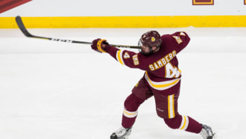 ST. PAUL, MN - APRIL 5: Dylan Samberg #4 of the Minnesota Duluth Bulldogs takes a shot against the Ohio State Buckeyes during game one of the 2018 NCAA Division I Men's Hockey Frozen Four Championship Semifinal at the Xcel Energy Center on April 5, 2018 in St. Paul, Minnesota. (Photo by Richard T Gagnon/Getty Images)
