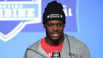 INDIANAPOLIS, INDIANA - MARCH 03: Quarterback Malik Cunningham of Louisville speaks to the media during the NFL Combine at Lucas Oil Stadium on March 03, 2023 in Indianapolis, Indiana. (Photo by Michael Hickey/Getty Images)