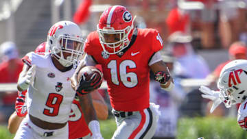 Sep 1, 2018; Athens, GA, USA; Georgia Bulldogs wide receiver Demetris Robertson (16) runs past Austin Peay Governors defensive back Trent Taylor (9) during the first half at Sanford Stadium. Mandatory Credit: Dale Zanine-USA TODAY Sports
