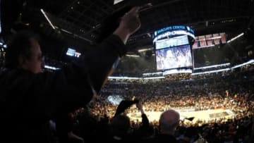 May 4, 2013; Brooklyn, NY, USA; A general view of Brooklyn Nets fans celebrating against the Chicago Bulls during the second half in game seven of the first round of the 2013 NBA Playoffs at the Barclays Center. The Bulls won 99-93. Mandatory Credit: Joe Camporeale-USA TODAY Sports