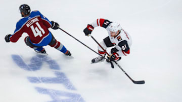 Aug 12, 2020; Edmonton, Alberta, CAN; Arizona Coyotes left wing Taylor Hall (91) skates with the puck against the Colorado Avalanche during the third period in game one of the first round of the 2020 Stanley Cup Playoffs at Rogers Place. Mandatory Credit: Sergei Belski-USA TODAY Sports