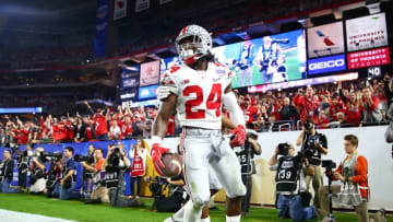 December 31, 2016; Glendale, AZ, USA; Ohio State Buckeyes safety Malik Hooker (24) celebrates after intercepting a pass against the Clemson Tigers during the first half of the the 2016 CFP semifinal at University of Phoenix Stadium. Mandatory Credit: Mark J. Rebilas-USA TODAY Sports