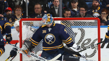 BUFFALO, NY - JANUARY 3: Linus Ullmark #35 of the Buffalo Sabres tends goal during an NHL game against the Florida Panthers on January 3, 2019 at KeyBank Center in Buffalo, New York. (Photo by Bill Wippert/NHLI via Getty Images)