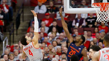 COLUMBUS, OHIO - MARCH 05: Duane Washington Jr. #4 of the Ohio State Buckeyes takes a shot over Da'Monte Williams #20 of the Illinois Fighting Illini during the first half at Value City Arena on March 05, 2020 in Columbus, Ohio. (Photo by Justin Casterline/Getty Images)
