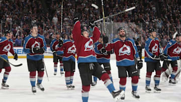 DENVER, CO - APRIL 07: Sven Andrighetto #10 and members of the Colorado Avalanche celebrate the victory against the St. Louis Blues at the Pepsi Center on April 7, 2018 in Denver, Colorado. The Avalanche defeated the Blues 5-2. (Photo by Michael Martin/NHLI via Getty Images)