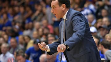 DURHAM, NC - NOVEMBER 10: Head coach Mike Krzyzewski of the Duke Blue Devils directs his team against the Elon Phoenix at Cameron Indoor Stadium on November 10, 2017 in Durham, North Carolina. (Photo by Lance King/Getty Images)