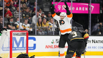 Dec 10, 2021; Las Vegas, Nevada, USA; Philadelphia Flyers left wing James van Riemsdyk (25) celebrates after scoring a third period goal against the Vegas Golden Knights at T-Mobile Arena. Mandatory Credit: Stephen R. Sylvanie-USA TODAY Sports