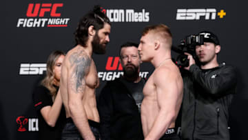 LAS VEGAS, NEVADA - MARCH 11: (L-R) Opponents Matthew Semelsberger and AJ Fletcher face off during the UFC Fight Night weigh-in at UFC APEX on March 11, 2022 in Las Vegas, Nevada. (Photo by Chris Unger/Zuffa LLC)