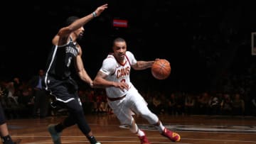 BROOKLYN, NY - DECEMBER 3: George Hill #3 of the Cleveland Cavaliers handles the ball against the Brooklyn Nets on December 3, 2018 at the Barclays Center in Brooklyn, New York. NOTE TO USER: User expressly acknowledges and agrees that, by downloading and/or using this photograph, user is consenting to the terms and conditions of the Getty Images License Agreement. Mandatory Copyright Notice: Copyright 2018 NBAE (Photo by Nathaniel S. Butler/NBAE via Getty Images)