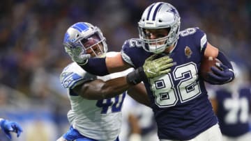 DETROIT, MI - NOVEMBER 17: Jason Witten #82 of the Dallas Cowboys makes a catch in the third quarter of the game against Jarrad Davis #40 of the Detroit Lions at Ford Field on November 17, 2019 in Detroit, Michigan. (Photo by Rey Del Rio/Getty Images)