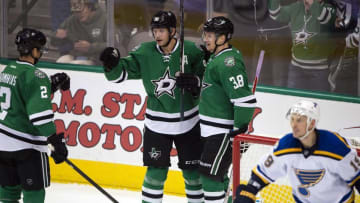 Dec 20, 2016; Dallas, TX, USA; Dallas Stars center Jason Spezza (90) and defenseman Dan Hamhuis (2) and left wing Lauri Korpikoski (38) celebrate a goal by Spezza against the St. Louis Blues during the second period at the American Airlines Center. Mandatory Credit: Jerome Miron-USA TODAY Sports