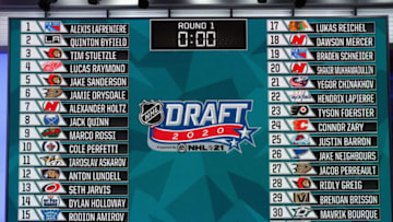 SECAUCUS, NEW JERSEY - OCTOBER 06: A general view of the draft board following the first round of the 2020 National Hockey League (NHL) Draft at the NHL Network Studio on October 06, 2020 in Secaucus, New Jersey. (Photo by Mike Stobe/Getty Images)