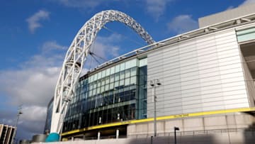 The Wembley arch is seen from outside the stadium ahead of the FIFA World Cup Qatar 2022 qualification football match between England and San Marino at Wembley Stadium in London on March 25, 2021. (Photo by Adrian DENNIS / AFP) (Photo by ADRIAN DENNIS/AFP via Getty Images)