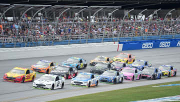 TALLADEGA, AL - OCTOBER 15: Brad Keselowski, driver of the #2 Miller Lite Ford, and Joey Logano, driver of the #22 Shell Pennzoil Ford, lead a pack of cars during the Monster Energy NASCAR Cup Series Alabama 500 at Talladega Superspeedway on October 15, 2017 in Talladega, Alabama. (Photo by Jared C. Tilton/Getty Images)