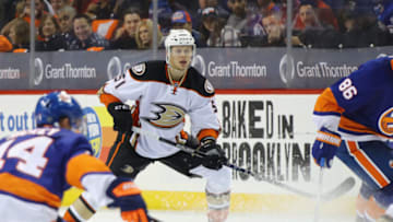 NEW YORK, NY - OCTOBER 16: Jacob Larsson #51 of the Anaheim Ducks skates against the New York Islanders at the Barclays Center on October 16, 2016 in the Brooklyn borough of New York City. The Islanders defeated the Ducks 3-2 in overtime. (Photo by Bruce Bennett/Getty Images)