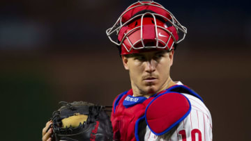 PHILADELPHIA, PA - AUGUST 30: J.T. Realmuto #10 of the Philadelphia Phillies looks on against the New York Mets at Citizens Bank Park on August 30, 2019 in Philadelphia, Pennsylvania. (Photo by Mitchell Leff/Getty Images)