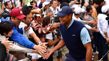 INZAI, JAPAN - OCTOBER 21: Tiger Woods of the United States interacts with fans during The Challenge: Japan Skins at Accordia Golf Narashino Country Club on October 21, 2019 in Inzai, Chiba, Japan. (Photo by Atsushi Tomura/Getty Images)