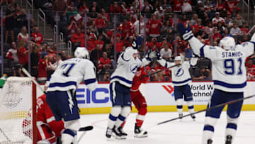 DETROIT, MICHIGAN - OCTOBER 14: Alex Killorn #17 of the Tampa Bay Lightning celebrates his game tying third period goal against the Detroit Red Wings at Little Caesars Arena on October 14, 2021 in Detroit, Michigan. Tampa Bay won 7-6 in overtime. (Photo by Gregory Shamus/Getty Images)