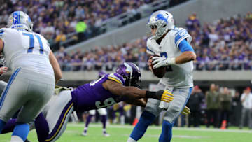 MINNEAPOLIS, MN - NOVEMBER 4: Matthew Stafford #9 of the Detroit Lions is sacked with the ball by Danielle Hunter #99 of the Minnesota Vikings in the second half of the game at U.S. Bank Stadium on November 4, 2018 in Minneapolis, Minnesota. (Photo by Adam Bettcher/Getty Images)