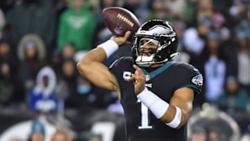 Jan 8, 2023; Philadelphia, Pennsylvania, USA; Philadelphia Eagles quarterback Jalen Hurts (1) throws a pass against the New York Giants during the third quarter at Lincoln Financial Field. Mandatory Credit: Eric Hartline-USA TODAY Sports