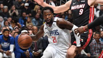 LOS ANGELES, CA - FEBRUARY 5: Patrick Beverley #21 of the LA Clippers handles the ball during the game against the Miami Heat on February 5, 2020 at STAPLES Center in Los Angeles, California. NOTE TO USER: User expressly acknowledges and agrees that, by downloading and/or using this Photograph, user is consenting to the terms and conditions of the Getty Images License Agreement. Mandatory Copyright Notice: Copyright 2020 NBAE (Photo by Andrew D. Bernstein/NBAE via Getty Images)