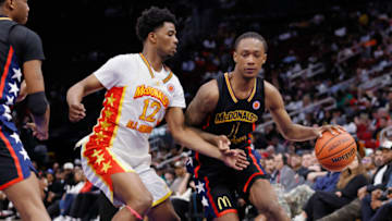 HOUSTON, TX - MARCH 28: Ron Holland II #1 of McDonald's All American Boys West drives to the basket during the McDonalds All American Basketball Games at Toyota Center on March 28, 2023 in Houston, Texas. (Photo by Michael Hickey/Getty Images)