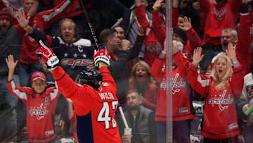 WASHINGTON, DC - NOVEMBER 09: Tom Wilson #43 of the Washington Capitals celebrates after scoring a goal in the first period against the Vegas Golden Knights at Capital One Arena on November 9, 2019 in Washington, DC. (Photo by Patrick McDermott/NHLI via Getty Images)