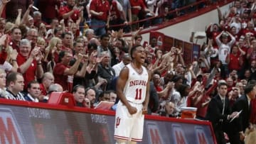 Feb 20, 2016; Bloomington, IN, USA; Indiana Hoosiers guard Yogi Ferrell (11) reacts to a basket against the Purdue Boilermakers at Assembly Hall. The Hoosiers won 77-73. Mandatory Credit: Brian Spurlock-USA TODAY Sports