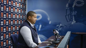 Mar 16, 2023; Lake Forest, IL, USA; Chicago Bears general manager Ryan Poles speaks during a press conference at Halas Hall. Mandatory Credit: Kamil Krzaczynski-USA TODAY Sports