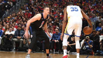 LOS ANGELES, CA - APRIL 18: Danilo Gallinari #8 of the LA Clippers plays defense against Kevin Durant #35 of the Golden State Warriors in Game Three of Round One of the 2019 NBA Playoffs on April 18, 2019 at STAPLES Center in Los Angeles, California. NOTE TO USER: User expressly acknowledges and agrees that, by downloading and/or using this Photograph, user is consenting to the terms and conditions of the Getty Images License Agreement. Mandatory Copyright Notice: Copyright 2019 NBAE (Photo by Andrew D. Bernstein/NBAE via Getty Images)